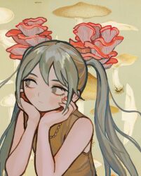 Rule 34 | 1girl, expressionless, flower, green background, green eyes, green hair, hair flower, hair ornament, hands on own face, hatsune miku, io (onisarashi), long hair, looking to the side, mushroom, red nails, shirt, sleeveless, solo, twintails, very long hair, vocaloid, yellow shirt