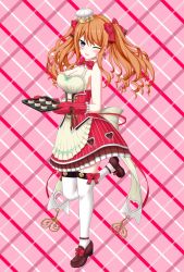 Rule 34 | ;d, alice (sennen sensou aigis), bare shoulders, blush, bow, breasts, brown footwear, brown hair, cleavage, crown, cupcake, dress, food, full body, garter straps, hair bow, hat, heart, highres, mini crown, one eye closed, open mouth, oven mitts, pink background, plaid, plaid background, pleated dress, red bow, red dress, sennen sensou aigis, simple background, smile, solo, standing, standing on one leg, thighhighs, twintails, white hat, white thighhighs