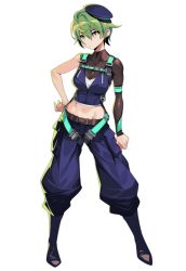 Rule 34 | 1girl, akutsu kyoka (dohna dohna), arm at side, breasts, closed mouth, dohna dohna issho ni warui koto o shiyou, green hair, hand on own hip, hat, medium breasts, multicolored eyes, navel, official art, pants, red eyes, shoes, short hair, simple background, solo, standing, tomoyuki kotani, transparent background