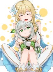 Rule 34 | 2girls, :3, :d, ^ ^, absurdres, blonde hair, bloomers, braid, closed eyes, commentary request, crown braid, detached sleeves, feather hair ornament, feathers, flower, genshin impact, gradient hair, green eyes, grey hair, hair between eyes, hair flower, hair ornament, highres, hug, indian style, korean commentary, leaf hair ornament, long hair, long sleeves, looking at another, lumine (genshin impact), multicolored hair, multiple girls, nahida (genshin impact), open mouth, pointy ears, pred (railguns3510), short hair, short hair with long locks, short sleeves, side ponytail, sidelocks, simple background, single braid, sitting, sitting on person, smile, streaked hair, sweatdrop, symbol-shaped pupils, two-tone hair, underwear, v arms, white background, white bloomers