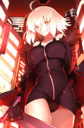 Rule 34 | 1girl, absurdres, black dress, black panties, blonde hair, breasts, cameltoe, city, dress, fate/grand order, fate (series), fur trim, highres, holding, holding sword, holding weapon, jacket, jeanne d&#039;arc (fate), jeanne d&#039;arc alter (fate), jeanne d&#039;arc alter (ver. shinjuku 1999) (fate), large breasts, looking at viewer, off shoulder, official alternate costume, official style, panties, pantyshot, paperfinger, short dress, smile, solo, standing, sword, thighs, underwear, weapon