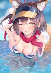 Rule 34 | 1girl, absurdres, animal ears, bikini, blue archive, blue bikini, blush, breasts, brown hair, cleavage, commentary request, d244, fox ears, fox girl, fox tail, halo, highres, izuna (blue archive), izuna (swimsuit) (blue archive), large breasts, looking at viewer, official alternate costume, one eye closed, one side up, open mouth, outdoors, pink halo, red scarf, rope, scarf, shimenawa, short hair, smile, solo, striped bikini, striped clothes, swimsuit, tail, wading, yellow eyes