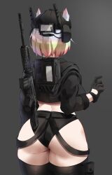 Rule 34 | 1girl, absurdres, animal ears, animeattics, ass, ass focus, back, black hoodie, cat ears, cat girl, cropped hoodie, facing away, from behind, gloves, gun, hat, highres, hood, hoodie, huge ass, military, military hat, multicolored hair, original, rainbow hair, short hair, simple background, solo, strap, thick thighs, thighhighs, thighs, weapon
