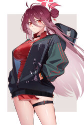 Rule 34 | 1girl, absurdres, ahoge, bare shoulders, blue archive, blush, breasts, china dress, chinese clothes, choker, dress, grey jacket, hair between eyes, hair bun, halo, highres, jacket, large breasts, long hair, long sleeves, looking at viewer, mole, mole on thigh, mole under eye, open clothes, open jacket, pelvic curtain, red dress, red eyes, red hair, reijo (blue archive), short dress, single hair bun, single side bun, solo, thigh strap, thighs, yoshimoto (carpsukidayo)
