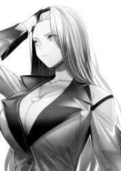 Rule 34 | 1girl, adjusting hair, breasts, character request, cleavage, collarbone, commentary request, frown, gloves, greyscale, highres, jacket, jewelry, large breasts, long hair, long sleeves, monochrome, necklace, puyo (puyotopia), simple background, solo, straight hair, upper body, very long hair, white background
