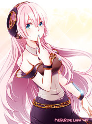 Rule 34 | 1girl, bare shoulders, blue eyes, finger to mouth, gradient background, headphones, long hair, looking at viewer, megurine luka, megurine luka (vocaloid4), mitsuka, pink hair, signature, solo, v4x, very long hair, vocaloid