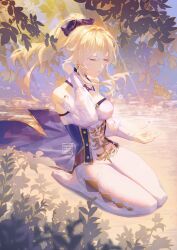 Rule 34 | 1girl, absurdres, artist name, bare shoulders, black bow, blonde hair, bow, breasts, closed eyes, closed mouth, coattails, collar, cross, cross earrings, dandelion, detached collar, detached sleeves, earrings, flower, from side, genshin impact, hair between eyes, hair bow, hand up, highres, jean (genshin impact), jewelry, leaf, light rays, lips, long hair, long sleeves, medium breasts, meowmeowgirl, on ground, pants, ponytail, seiza, shirt, sidelocks, sitting, solo, strapless, strapless shirt, tight clothes, tight pants, white collar, white pants, white shirt, white sleeves