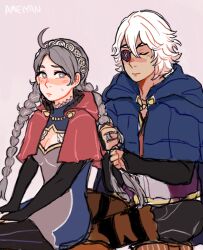Rule 34 | ahoge, amelia (magic16879), black bridal gauntlets, braid, braiding hair, bridal gauntlets, brushing another&#039;s hair, brushing hair, capelet, father and daughter, fire emblem, fire emblem fates, grey hair, hairdressing, hood, hood down, hooded capelet, long hair, low twin braids, niles (fire emblem), nina (fire emblem), nintendo, parted bangs, red capelet, red hood, twin braids, white hair