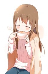 Rule 34 | 1girl, blush, brown hair, buchi (y0u0ri ), cup, drinking, closed eyes, female focus, highres, holding, holding cup, long hair, original, pink sweater, simple background, sitting, solo, sweater, white background