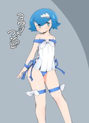 Rule 34 | 1girl, abarai (abarabone), alternate costume, arm behind back, bare shoulders, blue eyes, blue hair, blue panties, blush, closed mouth, clothing cutout, collarbone, creatures (company), cross-laced clothes, cross-laced cutout, female focus, flat chest, game freak, gen 7 pokemon, grey background, hair ornament, hairclip, happy, highres, japanese text, jpeg artifacts, lana (pokemon), looking at viewer, matching hair/eyes, nintendo, off shoulder, panties, pokemon, pokemon sm, shiny clothes, shiny skin, shirt, short hair, side-tie panties, simple background, sleeveless, sleeveless shirt, smile, solo, standing, thigh strap, translation request, trial captain, two-tone background, underwear, white shirt, wishiwashi, wishiwashi (solo), wristband