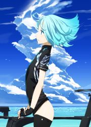 Rule 34 | 1girl, bicycle, bird, blue eyes, blue hair, bottomless, cloud, cowboy shot, day, fingerless gloves, flat chest, from side, gloves, highres, matching hair/eyes, no pants, ocean, original, parted lips, pokepen, profile, short hair, short sleeves, sky, solo, thighhighs, wind