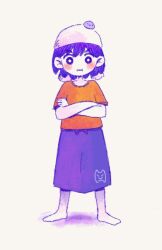 1boy blush closed_mouth colored_skin crossed_arms full_body kel_(headspace)_(omori) kel_(omori) looking_at_viewer omori orange_shirt pet_rock purple_eyes purple_hair shirt short_hair short_sleeves simple_background solo sun_iiinu white_background white_skin