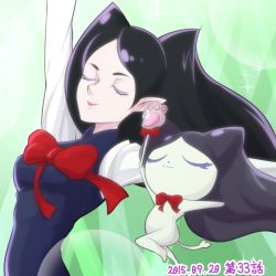 Rule 34 | 10s, 1girl, 2015, black hair, bow, creature, dated, dual persona, closed eyes, eyeshadow, go! princess precure, green background, long hair, makeup, miss siamour, miss siamour (human), precure, red bow, smile, upper body, wand, yoshimune