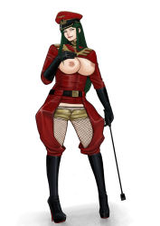 Rule 34 | 1990s (style), 1girl, belt, black footwear, boots, breastless clothes, breasts, breasts out, cima garahau, fishnet pantyhose, fishnets, gloves, green hair, gundam, gundam 0083, hat, high heel boots, high heels, highres, knee boots, komii, large breasts, leather, leather boots, leather gloves, pantyhose under shorts, lipstick, long hair, looking at viewer, makeup, nipples, open clothes, pantyhose, peaked cap, retro artstyle, riding crop, shoes, short shorts, shorts, smile, solo, whip