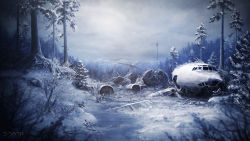 Rule 34 | aircraft, airplane, cloud, cloudy sky, debris, forest, highres, mountain, nature, no humans, original, ruins, scenery, sky, snow, tree, wreckage, yu-kun