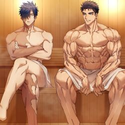abs bara black_hair blue_eyes burn_scar crossed_arms crossed_legs domo_(domo_kizusuki) eye_contact grey_eyes hair_over_one_eye highres indoors kokado_shido_(domo) kokuryu_kai_(domo) large_pectorals looking_at_another male_focus muscular muscular_male naked_towel navel nipples original pectorals sauna scar scar_across_eye scar_on_arm scar_on_chest scar_on_face scar_on_leg short_hair shredded_muscles sideburns sitting smile spiked_hair sweat thick_eyebrows toned toned_male towel towel_around_waist veins veiny_arms white_towel