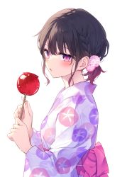 Rule 34 | 1girl, black hair, braid, candy apple, floral print, flower, food, from side, gloves, hair between eyes, hair flower, hair ornament, highres, holding, holding food, japanese clothes, kimono, long sleeves, obi, original, parted lips, pink flower, print kimono, purple eyes, sash, simple background, solo, tetsu tissue, upper body, white background, white kimono, wide sleeves