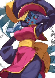 Rule 34 | 1girl, :d, absurdres, blue skin, blush stickers, breasts, brown eyes, chain, claws, colored skin, gazacy (dai), hat, highres, jiangshi, large breasts, lei lei, ofuda, open mouth, purple hair, qingdai guanmao, red hat, short hair, simple background, smile, solo, vampire (game), white background