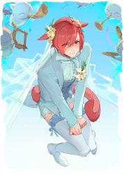 Rule 34 | 1boy, alternate costume, animal ears, blue background, blue jacket, blue suit, blue vest, blush, border, bridal veil, buttons, cat boy, cat ears, cat tail, crossdressing, cymbals, embarrassed, eyes visible through hair, facial mark, final fantasy, final fantasy xiv, flower, formal, frilled thighhighs, frills, from above, full body, g&#039;raha tia, groom, hair flower, hair ornament, hands on own thighs, highres, holding, holding instrument, instrument, jacket, knees together feet apart, long sleeves, looking at viewer, looking up, lyre, male focus, miqo&#039;te, moogle, music, musical note, own hands together, playing instrument, red eyes, rose, shoes, short hair, slit pupils, solo, suit, suncle, swept bangs, tail, thighhighs, trumpet, v arms, veil, vest, wavy mouth, white border, white footwear, white thighhighs, x hair ornament, yellow flower, yellow rose