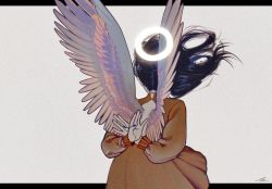 Rule 34 | 1girl, backless dress, backless outfit, black hair, blue nails, dress, facing away, feathered wings, floating hair, from behind, glowing, halo, highres, long hair, long sleeves, nail polish, orange dress, original, simple background, solo, toktin zq, upper body, white background, wings