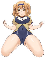 Rule 34 | 10s, 1girl, bad id, bad pixiv id, breasts, brown eyes, cameltoe, covered navel, hairband, i-26 (kancolle), kantai collection, kneeling, large breasts, light brown hair, long hair, looking at viewer, mo-fu, name tag, new school swimsuit, one-piece swimsuit, open clothes, sailor collar, school swimsuit, short sleeves, smile, solo, spread legs, swimsuit, swimsuit under clothes, thighs, two-tone hairband, two side up, white background, zipper