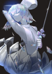 Rule 34 | 1other, absurdres, amputee, androgynous, arm up, bare shoulders, bob cut, bow, chomandsugarbunny, cleavage cutout, clothing cutout, cowboy shot, crystal, crystal hair, detached sleeves, diamond (gemstone), diamond (houseki no kuni), dress, glint, hair bow, highres, holding, holding sword, holding weapon, houseki no kuni, looking at viewer, looking to the side, multicolored hair, other focus, shards, short hair, simple background, sleeveless, sleeveless dress, solo, sparkle, sword, two-tone bow, weapon, white dress
