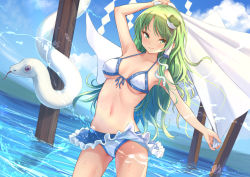 Rule 34 | 1girl, arm up, bare arms, bare shoulders, bikini, blue sky, blush, breasts, cloud, commentary request, cowboy shot, day, dutch angle, frog hair ornament, green eyes, green hair, hair ornament, kochiya sanae, long hair, looking at viewer, medium breasts, navel, outdoors, roke (taikodon), sky, smile, snake, snake hair ornament, solo, standing, stomach, swimsuit, thighs, touhou, wading, water, white bikini