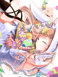 Rule 34 | 1girl, artist name, basket, blue dress, blue eyes, boots, brown hair, chocobo, closed mouth, dress, easter, easter egg, egg, final fantasy, final fantasy xiv, floating, hair flaps, highres, holding, holding basket, knee boots, light frown, long hair, long sleeves, looking at viewer, mokokoiro, one eye closed, ryne waters, shadow, short dress, signature, solo, string of flags