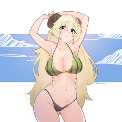 Rule 34 | 1girl, armpits, bikini, blush, breasts, cleavage, commentary, flower, food print, groin, hair between eyes, hair flower, hair ornament, highres, hololive, horns, large breasts, long hair, looking at viewer, navel, pointy ears, smile, solo, swimsuit, symbol-only commentary, tilt-shift (azalanz), tsunomaki watame, twitter username, very long hair, virtual youtuber, watermelon print, white background