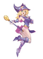 Rule 34 | 1girl, armpits, ass, blonde hair, blue footwear, blue hat, blue panties, blush, blush stickers, boots, boridongja, dark magician girl, green eyes, grey background, hair between eyes, hat, highres, holding, holding wand, long hair, magician, open mouth, panties, pantyshot, pink skirt, simple background, skirt, smile, solo, underwear, wand, yu-gi-oh!