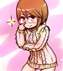 Rule 34 | 1girl, adjusting eyewear, aran sweater, brown eyes, brown hair, cable knit, child, closed mouth, commentary request, dress, feet out of frame, hair between eyes, hand up, i.u.y, kinuhata saiai, leaning forward, light blush, long sleeves, looking at viewer, medium hair, pink-framed eyewear, pink background, short dress, smile, solo, sparkle, sweater, sweater dress, toaru majutsu no index, v-shaped eyebrows, white dress, white sweater