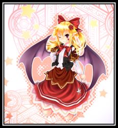Rule 34 | 1girl, bat wings, blonde hair, bow, elis (touhou), fang, female focus, flower, hair bow, hair flower, hair ornament, highly responsive to prayers, long hair, one eye closed, pointy ears, red eyes, solo, star (symbol), touhou, touhou (pc-98), viki00, wings, wink