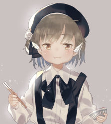 Rule 34 | 1girl, :i, beret, black hat, blush, bowl, brown eyes, brown hair, chopsticks, closed mouth, collared shirt, eating, fingernails, flower, hair rings, hat, hatoba tsugu, holding, holding bowl, holding chopsticks, long sleeves, looking at viewer, mole, mole under eye, ribbon, shirt, solo, subachi, suspenders, virtual youtuber, wavy mouth, white flower, white shirt