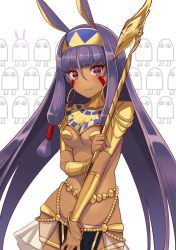 Rule 34 | 1girl, animal ears, blush, breasts, cleavage, covering crotch, covering privates, dark-skinned female, dark skin, facial mark, fate/grand order, fate (series), jackal ears, long hair, medium breasts, medjed (fate), nitocris (fate), purple eyes, purple hair, quro (black river), sidelocks, solo, staff, standing, tan, usekh collar, very long hair, wavy mouth, white background