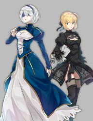 Rule 34 | 2b (nier:automata), 2b (nier:automata) (cosplay), 2girls, ahoge, artoria pendragon (all), artoria pendragon (fate), bad id, bad twitter id, black dress, black footwear, black ribbon, blindfold, blonde hair, blouse, blue hairband, blue ribbon, boots, breasts, cleavage cutout, clothing cutout, commentary request, cosplay, costume switch, covered eyes, cowboy shot, dress, etopirika, fate/stay night, fate/zero, fate (series), feather-trimmed sleeves, green eyes, grey background, hair bun, hairband, height difference, highres, holding, juliet sleeves, leotard, leotard peek, long skirt, long sleeves, looking at viewer, mole, mole under mouth, multiple girls, nier:automata, nier (series), pod (nier:automata), puffy sleeves, ribbon, saber (fate), saber (fate) (cosplay), shirt, short hair, side slit, silver hair, simple background, single hair bun, skirt, small breasts, thigh boots, thighhighs, thighhighs under boots, white leotard