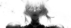 Rule 34 | 1girl, black choker, brooch, choker, commentary, facial mark, feather hair ornament, feathers, final fantasy, final fantasy xiv, fur trim, furrowed brow, glowing, glowing eyes, greyscale, hair ornament, highres, jewelry, looking at viewer, miqo&#039;te, mixed-language commentary, monochrome, portrait, serious, short hair, sia 2dductility, simple background, solo, straight-on, v-shaped eyebrows, white background, wind, y&#039;shtola rhul