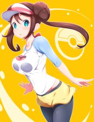 Rule 34 | 1girl, black pantyhose, blue eyes, bow, breasts, brown hair, commentary request, cowboy shot, creatures (company), danpu, double bun, game freak, hair between eyes, hair bun, highres, large breasts, long hair, nintendo, pantyhose, pantyhose under shorts, pink bow, poke ball symbol, pokemon, pokemon bw2, raglan sleeves, rosa (pokemon), short shorts, shorts, skin tight, solo, twintails, very long hair, visor cap, yellow background, yellow shorts