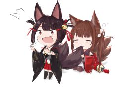 Rule 34 | 2girls, absurdres, akagi-chan (azur lane), amagi-chan (azur lane), animal ears, azur lane, bell, black hair, black thighhighs, blunt bangs, bow, brown hair, chibi, commentary request, eating, fox ears, fox girl, fox tail, hair bow, hair ornament, hair ribbon, hairclip, highres, japanese clothes, kimono, kitsune, kyuubi, long hair, long sleeves, multiple girls, multiple tails, off shoulder, pantyhose, pleated skirt, red eyes, ribbon, sidelocks, simple background, sitting, skirt, sleepy, surprised, tabitsuki, tail, thick eyebrows, thighhighs, twintails, wariza, wide sleeves, zettai ryouiki