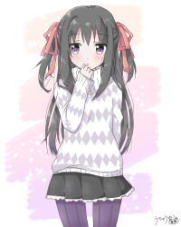 Rule 34 | 1girl, akemi homura, argyle, argyle clothes, argyle sweater, black hair, black skirt, blush, closed mouth, commentary request, cowboy shot, hair ribbon, hand to own mouth, long hair, long sleeves, looking at viewer, mahou shoujo madoka magica, mahou shoujo madoka magica (anime), pantyhose, pleated skirt, print sweater, purple eyes, purple pantyhose, red ribbon, ribbon, sidelocks, signature, skirt, solo, standing, striped clothes, striped pantyhose, sweater, two side up, uchuuneko, vertical-striped clothes, vertical-striped pantyhose, very long hair, white sweater