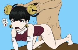 Rule 34 | 1boy, 1girl, absurdres, bare legs, barefoot, black hair, clothed female nude male, cum, cumdrip, doggystyle, grabbing another&#039;s hair, hair ornament, highres, lin lin (one-punch man), nude, one-punch man, red eyes, sex, sex from behind, sweat