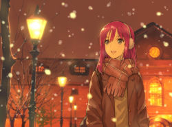 Rule 34 | 1girl, :d, bare tree, brown hair, building, coat, lamppost, morisawa haruyuki, night, open clothes, open coat, open mouth, original, plaid, plaid scarf, scarf, school uniform, smile, snowing, solo, tree