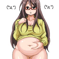 Rule 34 | 1girl, belly, belly grab, bottomless, breasts, brown hair, cleavage, collarbone, covered erect nipples, eyebrows, fat, female focus, glasses, green shirt, hand on own stomach, large breasts, legs together, long hair, long sleeves, looking at viewer, lowres, navel, nipples, oekaki, parted lips, pregnant, red-framed eyewear, semi-rimless eyewear, shiny skin, shirt, simple background, solo, under-rim eyewear, white background