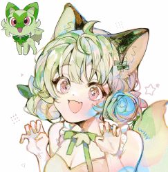 Rule 34 | 1girl, :d, ahoge, animal ear fluff, animal ears, bare shoulders, bow, breasts, cha brown, claw pose, cleavage, creature and personification, creatures (company), double bun, fangs, frills, game freak, green bow, green hair, green nails, green ribbon, green theme, hair bow, hair bun, hair ornament, hands up, highres, leaf hair ornament, nail polish, neck ribbon, nintendo, open mouth, personification, pokemon, pokemon (creature), red eyes, ribbon, sleeveless, smile, sprigatito, tail, updo, upper body, white background