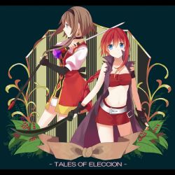Rule 34 | 2girls, belt, blue eyes, brown hair, character request, choker, earrings, jewelry, long hair, midriff, miniskirt, multiple girls, oxo, red hair, sheath, skirt, source request, strapless, sword, tales of (series), tales of eleccion, tube top, weapon
