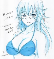 Rule 34 | 10s, 1girl, bra, breasts, charlotte zoom, glasses, heavy object, highres, large breasts, long hair, looking at viewer, nipples, simple background, solo, underwear, white background