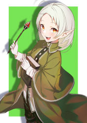 Rule 34 | 1girl, absurdres, black pants, book, hugging book, buttons, capelet, commentary request, curly hair, elf, eyelashes, forehead, gloves, green capelet, green jacket, highres, holding, holding book, holding wand, holding weapon, jacket, long sleeves, looking at viewer, medium hair, mumei (mumei 7743), mushoku tensei, hugging object, open clothes, open jacket, open mouth, orange eyes, pants, pointy ears, rectangle, shadow, shirt, smile, solo, spoilers, sylphiette (mushoku tensei), teeth, tongue, upper teeth only, wand, weapon, white gloves, white hair, white shirt