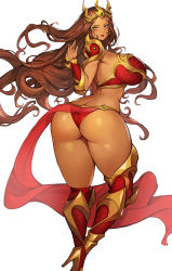 Rule 34 | 1girl, absurdres, armor, armored boots, ass, bare shoulders, bikini armor, blush, boots, breasts, brown hair, butt crack, closed mouth, commentary, dark-skinned female, dark skin, elf, gold trim, gurimjang, high heels, highres, large breasts, lips, long hair, looking at viewer, looking back, original, parted bangs, pointy ears, revealing clothes, see-through, shiny skin, shoulder armor, simple background, smile, solo, thighs, tiara, twisted torso, vambraces, white background, yellow eyes