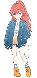 Rule 34 | 1girl, blue eyes, blue jacket, blue shorts, blush, brown footwear, brown scrunchie, camisole, collarbone, full body, grin, hair between eyes, hair ornament, hair scrunchie, hand in pocket, high ponytail, highres, jacket, jewelry, konnyaku (kk-monmon), long hair, long sleeves, necklace, open clothes, open jacket, original, ponytail, puffy long sleeves, puffy sleeves, red hair, scrunchie, shoes, short shorts, shorts, simple background, sleeves past wrists, smile, socks, solo, standing, striped clothes, striped socks, translated, white background, white camisole, white socks