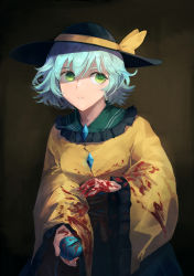 Rule 34 | 1girl, blood, blood on clothes, blood on hands, blue hair, cowboy shot, dark background, eyebrows hidden by hair, green eyes, hair between eyes, hat, highres, jichou senshi, komeiji koishi, light blue hair, looking to the side, parted lips, shirt, short hair, simple background, solo, third eye, touhou, wide sleeves, yellow shirt
