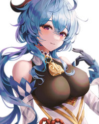 Rule 34 | 1girl, bell, black gloves, blue hair, blush, bodystocking, breasts, cowbell, ganyu (genshin impact), genshin impact, gloves, goat horns, highres, horns, kim leeyoon, large breasts, looking at viewer, parted lips, purple eyes, simple background, solo, upper body, white background